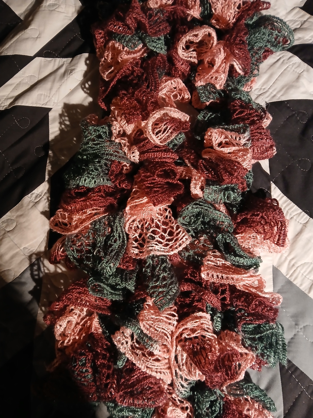 Ruffled Crochet Scarf in Rose, Forest Green & Burgundy